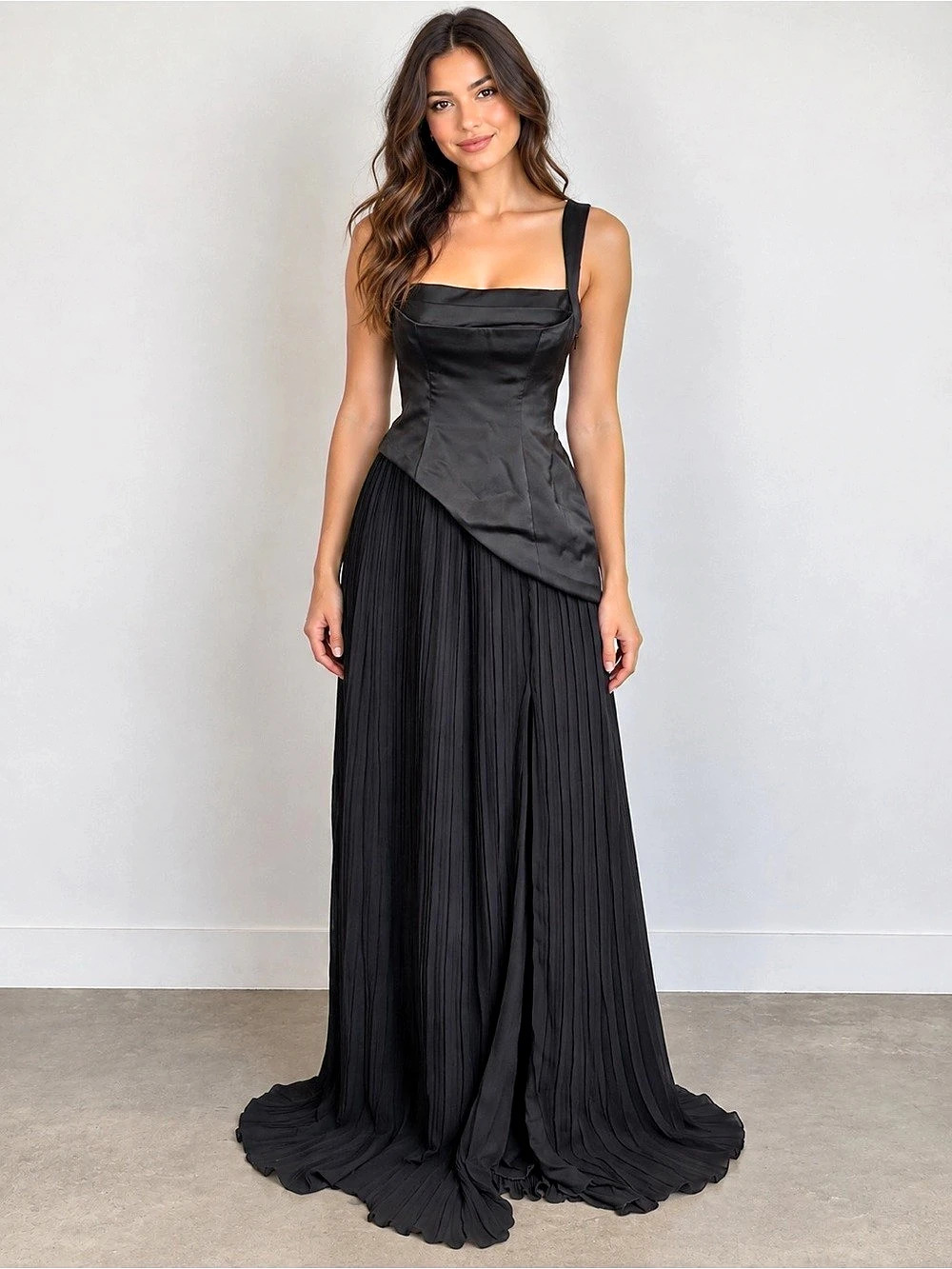 Azazie Black Corset Lace-Up Back Pleated Formal Maxi Dress Gown Like New